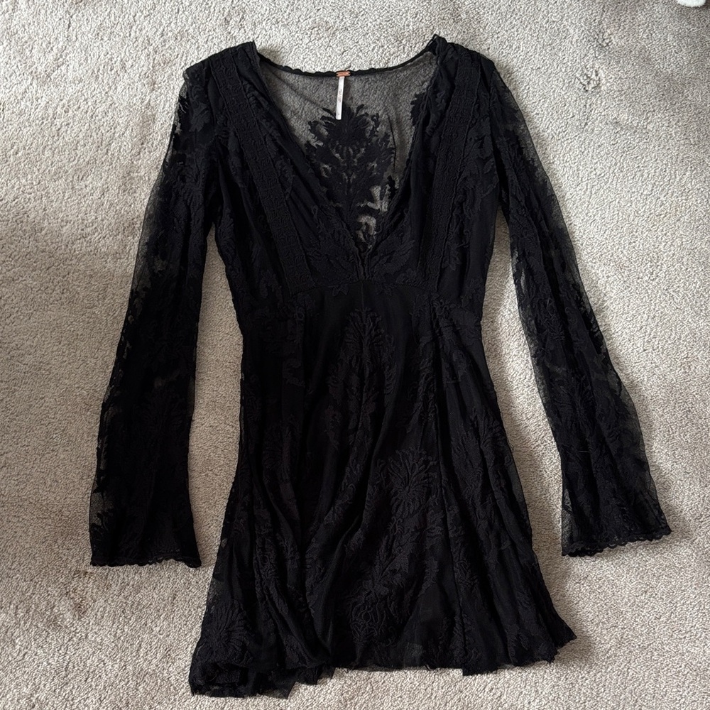 Free People Elegant Black Lace Long Sleeve Dress